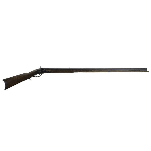 PLAINS RIFLE: Full maple stock with octagonal barrel, Leman Lancaster PA cap lock conversion, 19th c.; Lock marked; 54 1/2"