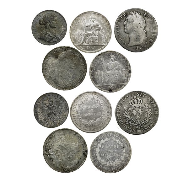 GERMAN AND FRENCH COINS;: Eighty-five, 1747-1872 includes silver 1887A Republique Francaise 1 Piastre de Commerce, 1747 France 1 ECU, 1865 German Ein Veriensthaler and 1766 Bavarian Thaler