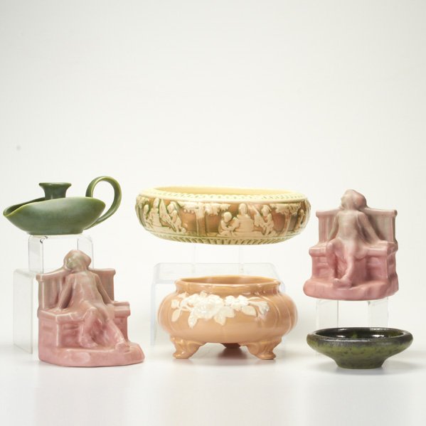 AMERICAN ART POTTERY: Six pieces: Pair of Rookwood bookends, 1929; Roseville Donatello low bowl; Weller bowl; Fulper cabinet bowl, and Hampshire chamberstick; All marked; Donatello bowl 2 3/4" x 10" dia.