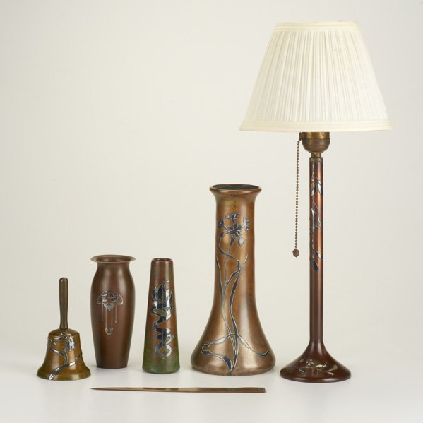 HEINTZ; SILVERCREST: Six Sterling-on-Bronze pieces: table lamp, three vases, bell, and letter opener; Most marked; Lamp (base only): 12"