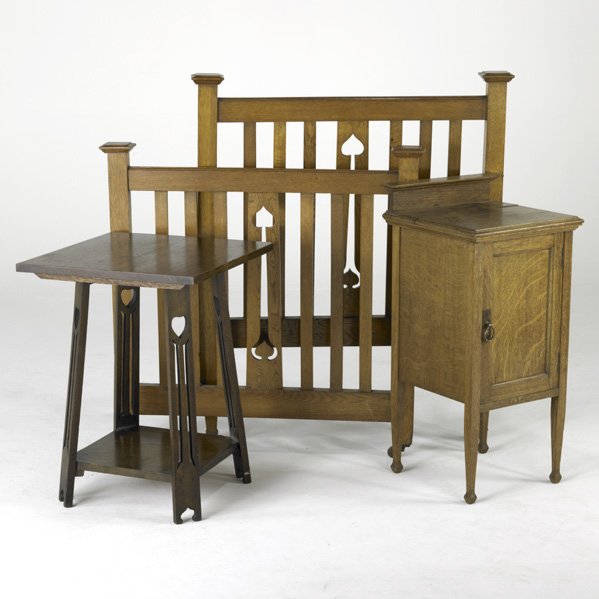 ARTS & CRAFTS: Three bedroom pieces: nightstand, single headboard and footboard (no rails)and lamp table, early 20th c; Quartersawn oak; Unmarked; Headboard: 46" x 36"