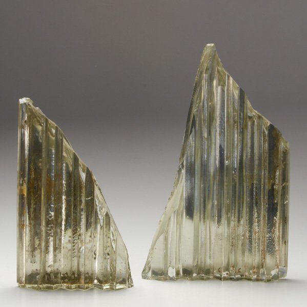 LALIQUE; SS NORMANDIE: Two mirrored glass lighting fragments, purportedly from the 1st class dining salon of the SS Normandie ocean liner, c.1932; Unmarked: Tallest: 11 1/2"