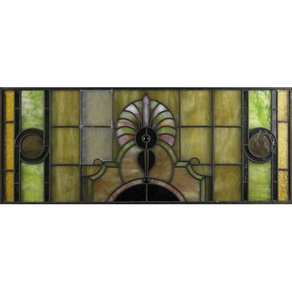 STAINED GLASS: Large leaded glass panel in iron frame, c.1900; 21" x 51 1/2"