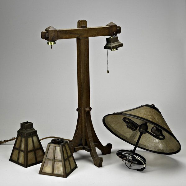 ARTS AND CRAFTS STYLE: Two contemporary lights: Prarie style table lamp and Van Erp style ceiling fixture by Mica Lamp Co, 1990s; Ceiling fixture marked; Table lamp 25" x 15 1/2" x 11"
