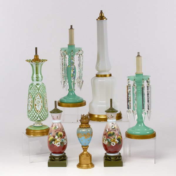 LAMP GROUP: Seven pieces, 19th/20th c.: pair of Jadite hurricane lamps, pair of bristol vases partially converted, etc; Tallest: 21 1/2"