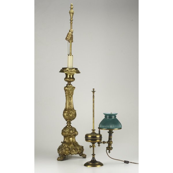 LAMPS: Two, 19th c.: Downer Minerals, sperm oil study lamp (converted) and a brass altar candlestick lamp; Study lamp marked; Taller: 43"