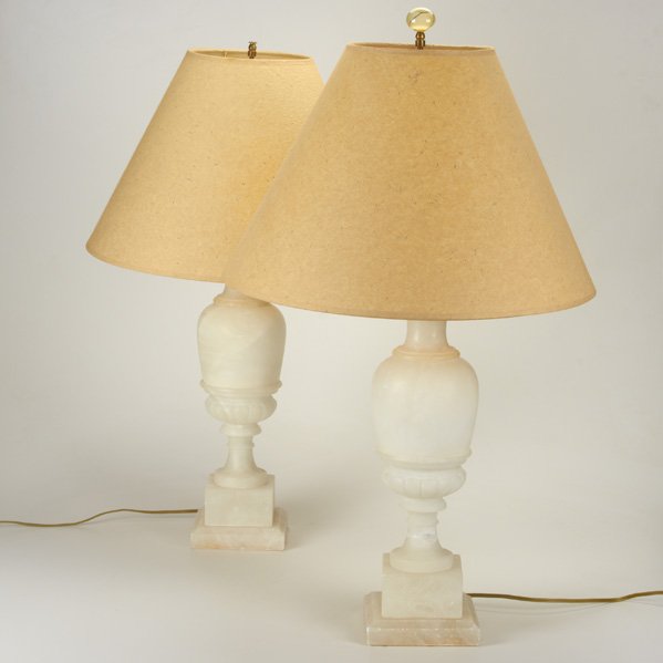 CARLOS BASILE: Pair of carved alabaster urn-shaped table lamps, 20th c.; Unmarked; Overall: 29" x 18"