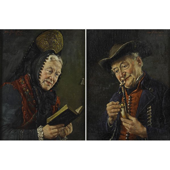 OTTO KIRCHNER (German, 1887-1960): Two oil on canvas portraits of a man and woman in traditional costume (framed); Both signed; 9 1/2" x 7"