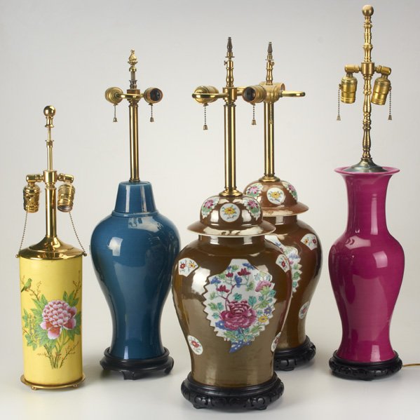 ASIAN LIGHTING: Five porcelain pieces, 19th/20th c.: pair brown ginger jars, blue monochrome, plum monochrome and yellow floral motif; Tallest: 31 1/2"