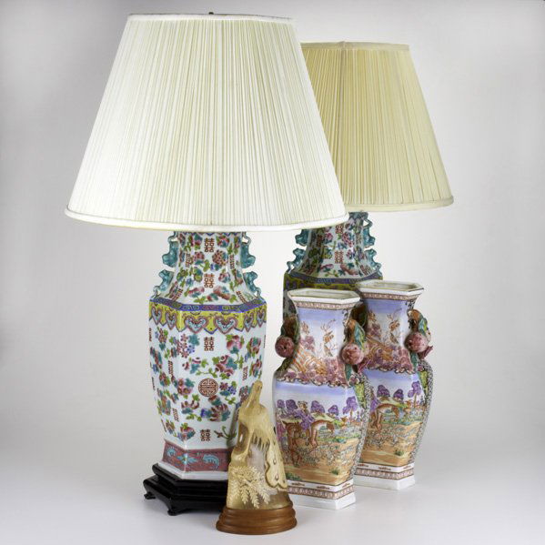 CHINESE PORCELAIN, ETC.: Five pieces, 20th c.: Pair of enameled table lamps, pair of vases with English hunting scene, together with carved horn peacock; All unmarked: Lamp (to finial): 32"