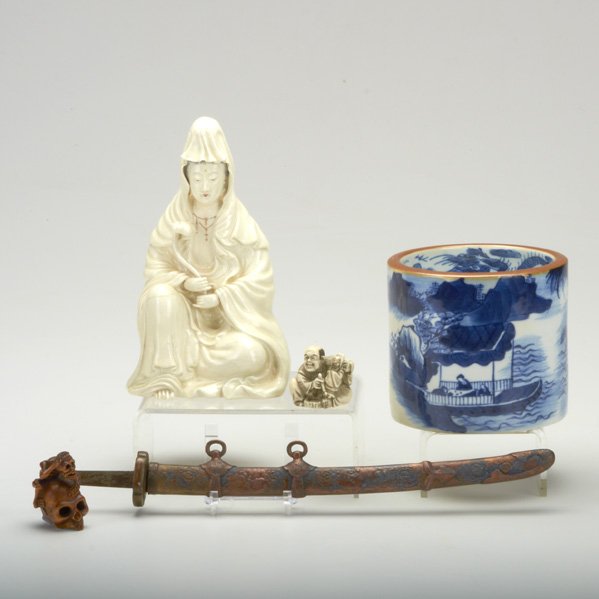 ASIAN GROUP: Five pieces, 19th/20th century: Chinese porcelain brush pot, Blanc de Chine Quan Yin, two netsukes and Japanese sword letter opener; Some marked; Tallest: 6 3/4"