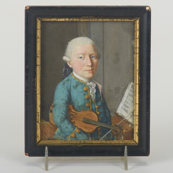 GOUACHE PORTRAIT: Musician holding a violin, German 19th c.; Paper laid on board; 4 1/2" x 3"