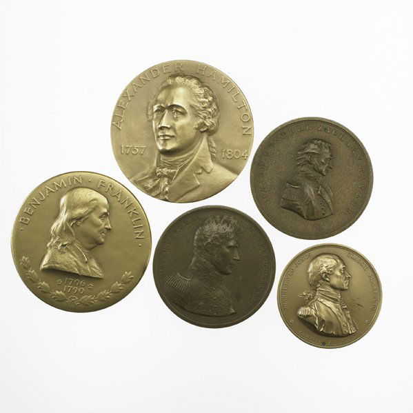 BRONZE MEDALS IMPORTANT AMERICANS: Five: U.S. Mint Benjamin Franklin, Alexander Hamilton, General Winfield Scott, John Paul Jones, Zachary Taylor; Early-late 20th c.; Largest: 3"
