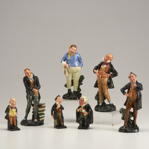 ROYAL DOULTON: Seven figures from 20th century: "Uriah Heep," "Pecksiff," "Fat Boy," "Micawber," "Buzluz," 3 3/4" "Micawber" and 4" "Pecksiff;" All marked; Tallest: 7 1/8"