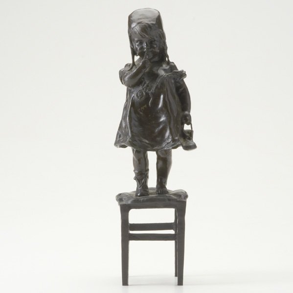 AFTER JUAN CLARA; (Spanish 1875-1957): Bronze statue of child standing on a stool; Signed; 12 1/2" x 4" x 3"