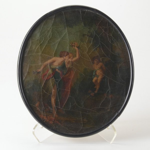 OIL ON CANVAS: Neo-Classical scene of woman chastising Cupid, oval frame, 19th century; Unsigned; 14" x 12 1/2"