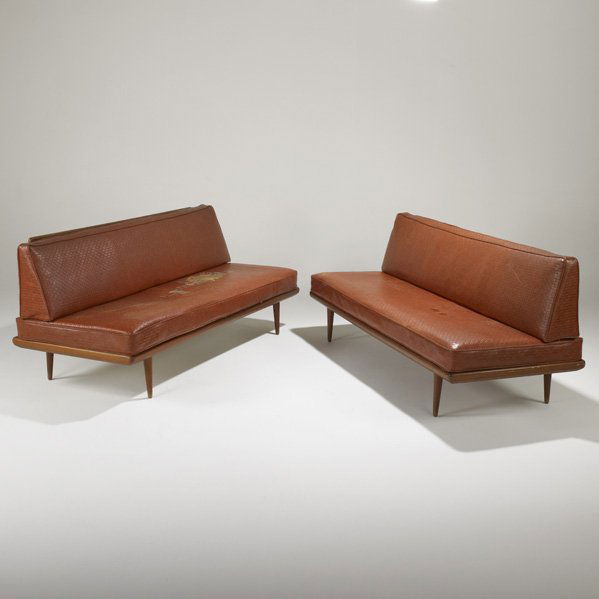 PETER HVIDT: Pair of daybeds, Denmark, 1960s; Vinyl, teak and matte chromed steel; Unmarked; Each: 32" x 74" x 30"