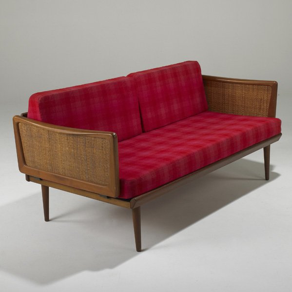 PETER HVIDT; FRANCE AND SONS: Sofa, Denmark, 1960s; Teak, cane and wool; Unmarked; 30" x 65" x 31"