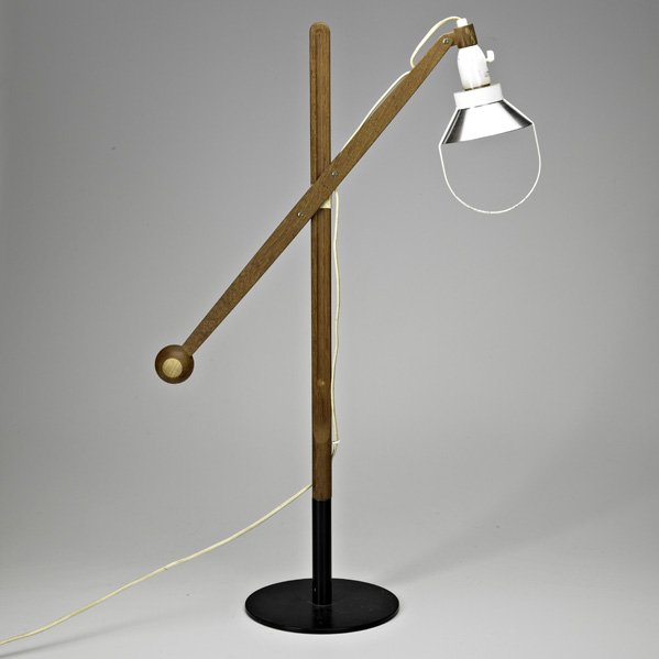 VILHELM WOHLERT; LE KLINT; ETC.: Two table lamps: Adjustable teak lamp together with Danish brass lamp; Denmark c.1960; Both unmarked; Tallest overall: 34"