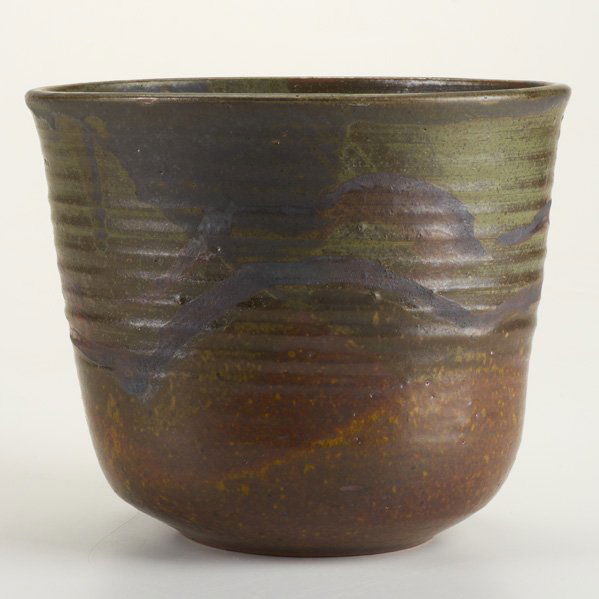 TOSHIKO TAKAEZU: Glazed stoneware vessel; Signed with artist's monogram; 1 3/4" x 11" dia.