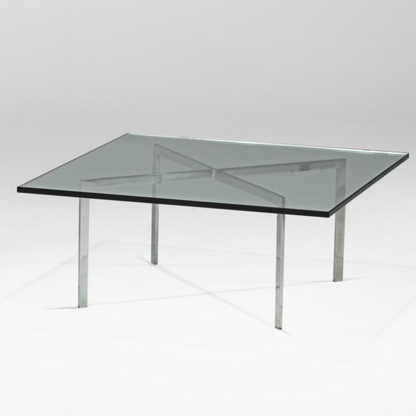 LUDWIG MIES VAN DER ROHE; KNOLL INTERNATIONAL: Barcelona table, Germany, 1986; Stainless steel, glass; 17" x 40" sq.