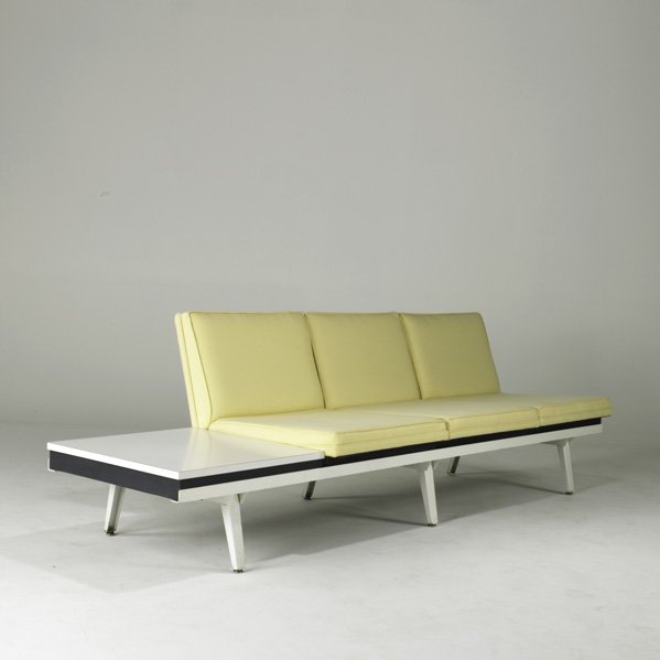 GEORGE NELSON; HERMAN MILLER: Steelframe sofa, USA, 1950s; Upholstery, laminate and painted wood; Unmarked; 28 1/2" x 96" x 30"
