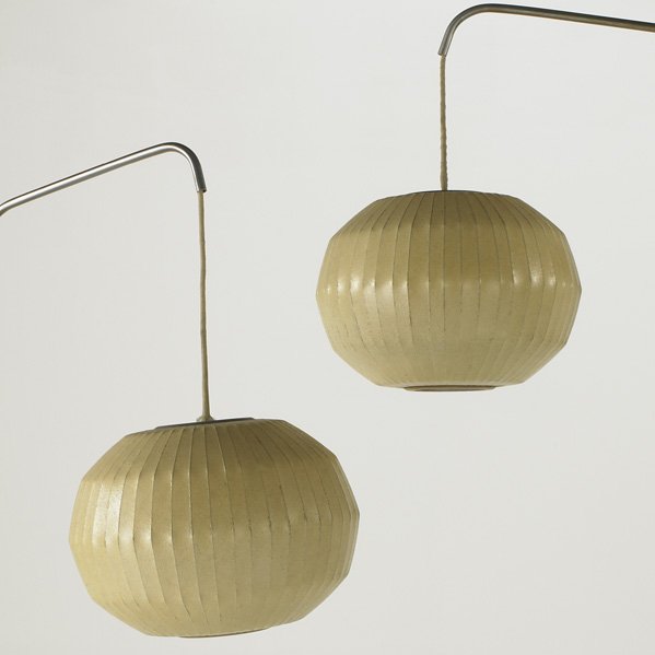 GEORGE NERLSON; HOWARD MILLER: Pair of Bubble swing-arm sconces, USA c.1950; Latex, aluminum, walnut; Unmarked; Arm 18" deep, Shade 10" x 14" dia.
