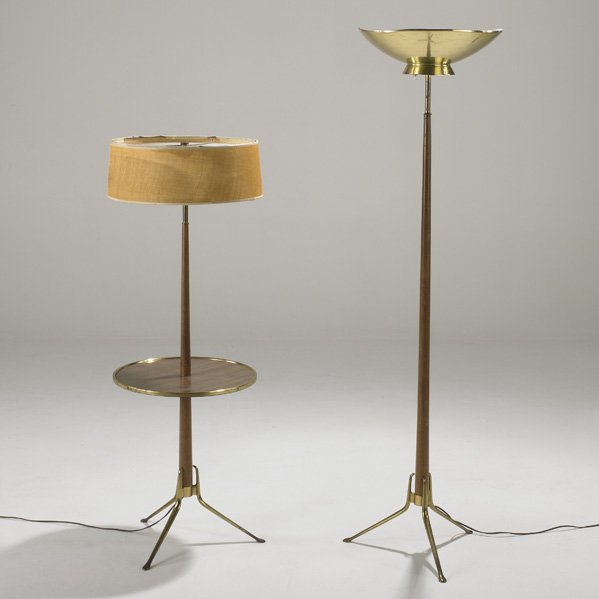 GERALD THURSTON; LIGHTOLIER: Two floor lamps, USA, 1950s; Walnut, brass and laminate; Taller: 65" x 16 1/2"