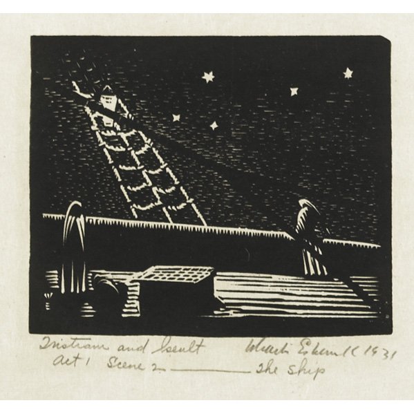 WHARTON ESHERICK (American, 1887 - 1970): Two woodblock prints: "Tristram and Iseult: Act 1 Scene 2 The Ship," 1931, 6 7/8" x 7" (sight); "Tristram and Iseult: Tristram! Are you mazed or mad?" 1931, 7 1/2" x 5 1/2" (sight); Both matted, signe