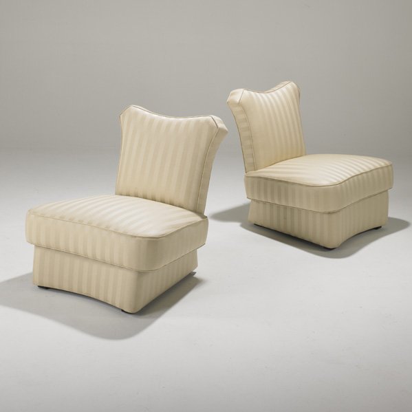STYLE OF JAMES MONT: Pair of slipper chairs, USA, 1960s; Silk upholstery and wood; Unmarked; Each: 30" x 30" x 30"