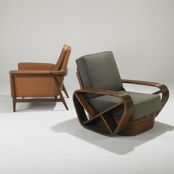 ABEL-KAGAN; STYLE OF PAUL FRANKL: Two lounge chairs, USA, 1960s; Walnut, bamboo and upholstery; Unmarked; Taller: 36" x 33" x 36"