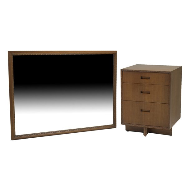 FRANK LLOYD WRIGHT; HERITAGE HENREDON: Night stand and mirror, USA, 1950s; Walnut and mirrored glass; Nightstand branded; Nightstand: 28 1/2" x 21 1/2" x 20" and mirror: 36" x 46"