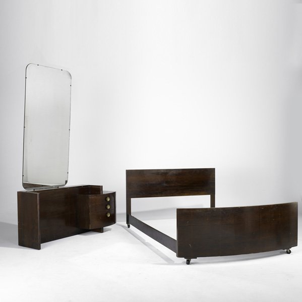 GILBERT ROHDE; HERMAN MILLER: Vanity, mirror and full-sized bed; Rosewood, brass painted metal and mirror; Vanity: 26" x 56" x 19" and mirror: 60" x 30"