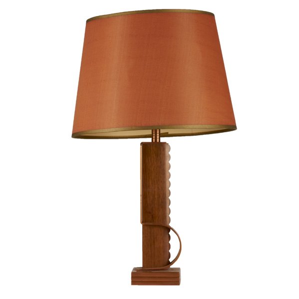 GILBERT ROHDE; MUTUAL SUNSET LAMP CO: Rare table lamp, c.1935; Copper, copper-plated metal and wood; Molded mark to base MSLC/4660; Overall: 21 1/2" x 8" dia.
