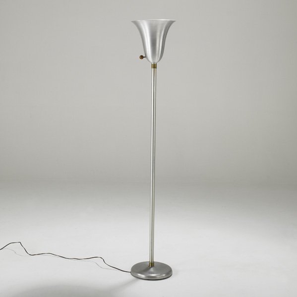 RUSSEL WRIGHT: Torchiere, USA, 1940s; Spun aluminum, brass and wood; Unmarked; 64 1/2" x 11" dia