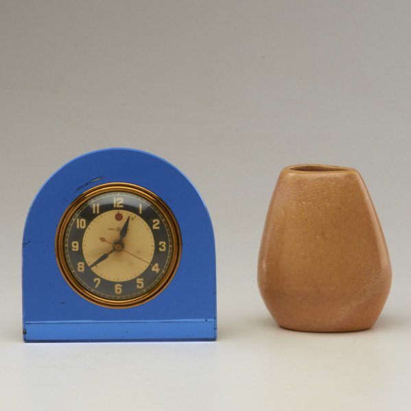 AMERICAN ART DECO: General Electric desk clock and Russel Wright for Bauer vase, 1930s; Vase unmarked; Clock: 5 3/4"