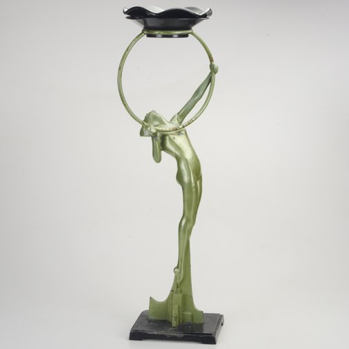 FRANKART: One not two standing ashtray with stylized Art Deco nude, one tray with scalloped glass insert, New York, c.1930; Painted metal, glass; Marked FRANKART INC. / PAT. DES. 82197; Each: 25 1/12" x 7" sq.