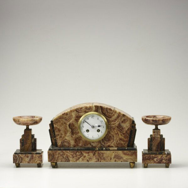 FRENCH ART DECO: Marble and onyx garniture set: clock and two pedestals, c. 1930s; Unmarked; Clock: 8 3/4" x 12 1/2" x 4 1/2"