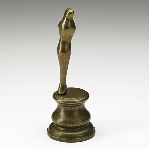 CLAUDE DE MUZAC: Two-part figural bronze sculpture, France, 1970s; Stamped Claude de Muzac, with paper gallery label; 7" x 2 1/2"