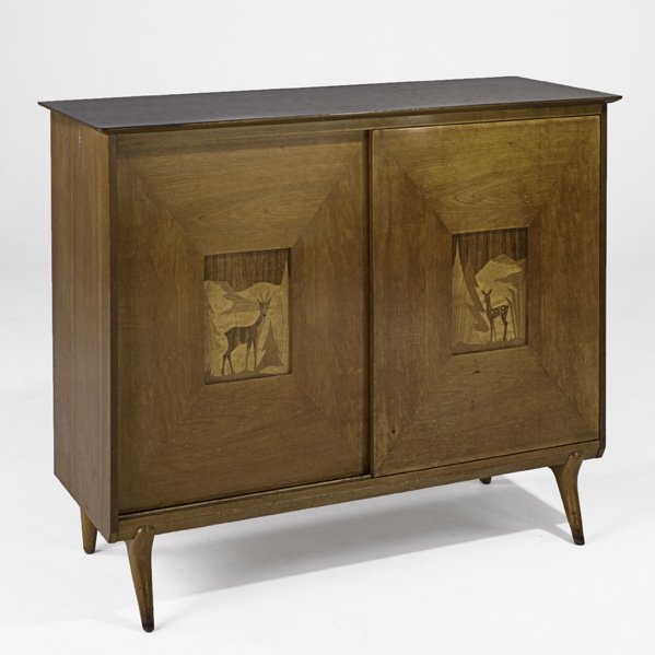 RENZO RUTILI; JOHNSON FURNITURE CO: Two-door dresser decorated in marquetry, USA, 1950s; Walnut, mixed woods; Branded Johnson Furniture Co.; 41 1/2" x 51" x 20"; Note: Sliding doors inlaid with deer and evergreens conceal tray drawers, 