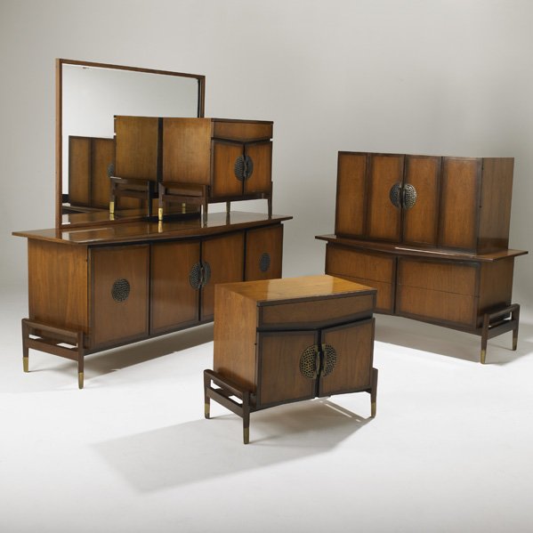 BERT ENGLAND; JOHNSON FURNITURE CO.: Bedroom suite: king-size headboard, tall dresser, long dresser with mirror and pair of nightstands, USA, 1950s; Walnut, mahogany and brass; Unmarked; Headboard: 97", tall dresser: 50" x 53" x 21"