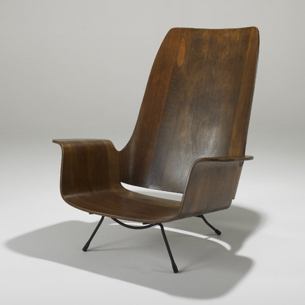 STYLE OF LUTHER CONOVER: Tall back lounge chair, USA, 1950s; Molded plywood and painted steel; Unmarked; 38" x 35 1/2" x 32"