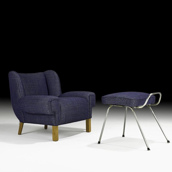 LASZLO & NELSON: Lounge chair and bench, USA, 1950s; Wool upholstery, birch, zinc-plated metal; Unmarked; Chair: 29" x 36 1/2" x 31", bench: 20" x 20" x 21"