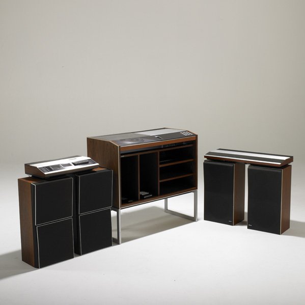 BANG & OLUFSEN: Music equipment, eight pieces: Rosewood cabinet, BEOCENTER 7000 turn table, BEOMASTER 2400 receiver, BEOCORD 2400 tape deck; Two pairs of speakers: BEOVOX S45-2 and S45; Denmark 1990s; Cabinet: 28" x 