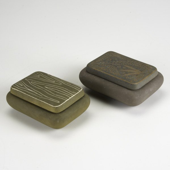 WAYLANDE GREGORY: Two glazed porcelain boxes, USA , 1950s; Both signed; Each: 2" x 5" x 3 1/2"