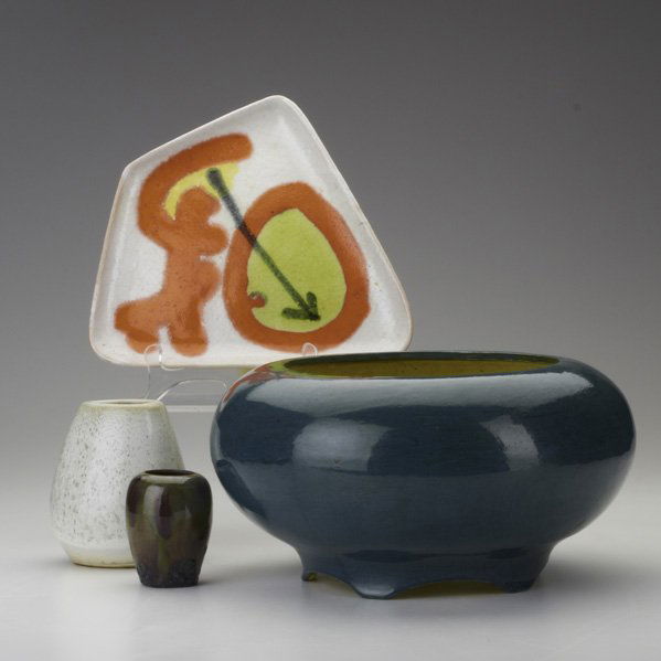 ART POTTERY: Four pieces: Gambone tray, Volkmar jardiniere, Russel Wright / Bauer vase, and Rhead / Santa Barbara cabinet vase; All but Bauer marked; Volkmar: 6 1/2" x 12" dia.