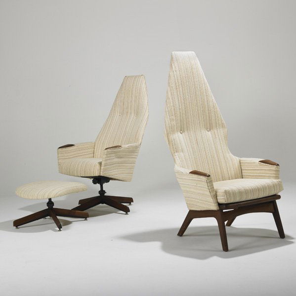 ADRIAN PEARSALL; CRAFT ASSOCIATES: Two tall back lounge chairs and ottoman, USA, 1960s; Walnut and upholstery; Unmarked; Each: 53" x 30" x 30"