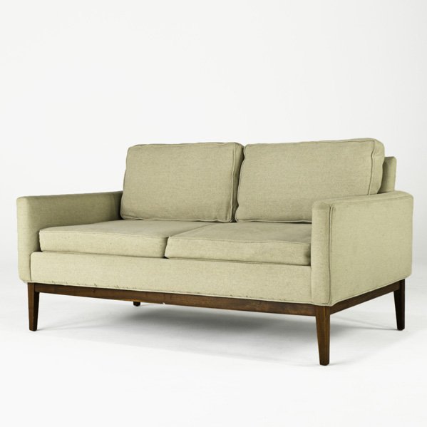 SELIG: Love seat, USA, 1960s; Wool and walnut; Upholstery label; 30 1/2" x 52 1/2" x 33"