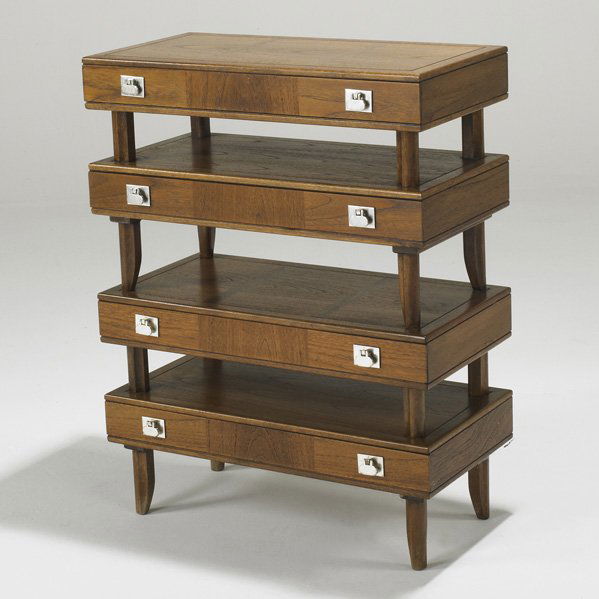 MASTERCRAFT: Tiered console table, USA, 1950s; Walnut and nickeled metal; Unmarked; 31" x 24" x 12 1/2"