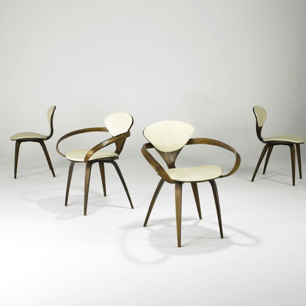 NORMAN CHERNER; PLYCRAFT: Set of four chairs, two-arm and two-side, USA, 1960s; Walnut and vinyl; Paper label; Armchair: 30 1/2" x 27" x 22"